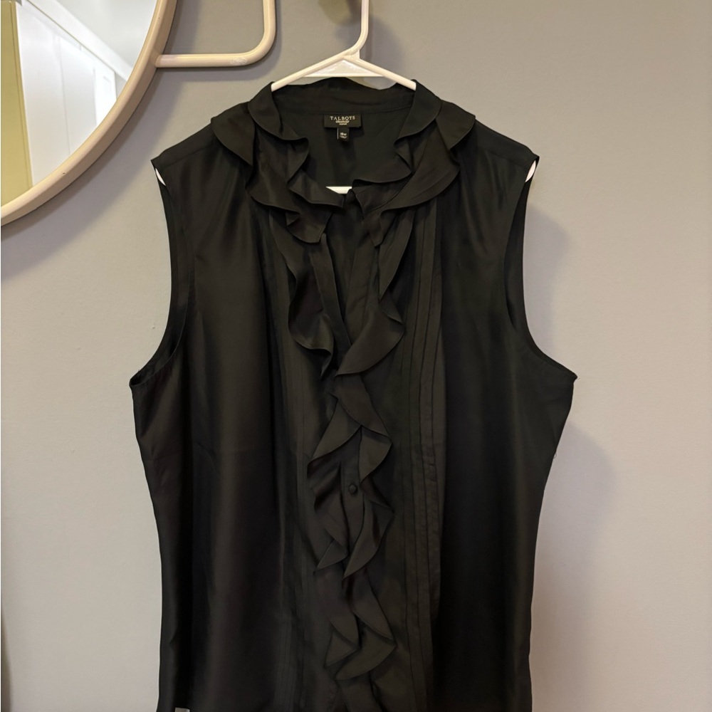 Talbots 100 % silk  Black Ruffle Front Blouse